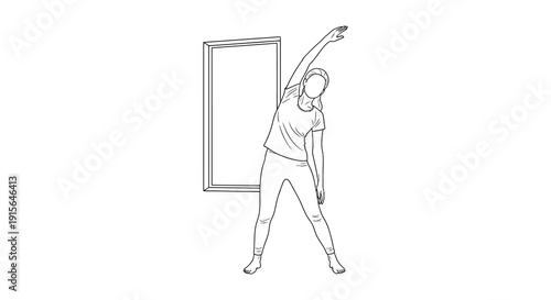 A black and white line drawing depicts a person performing a side stretch exercise with one arm raised towards the ceiling near a