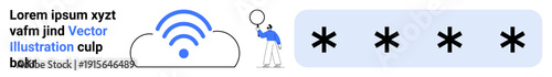Cloud icon with wireless signal, figure holding magnifying glass, password field with asterisks. Ideal for cybersecurity, cloud storage, privacy, data protection, technology, online access simple