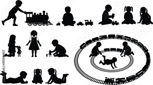 Black vector silhouette set of young children playing with toy trains dolls and tracks for nursery decor childhood education parenting and kindergarten branding design