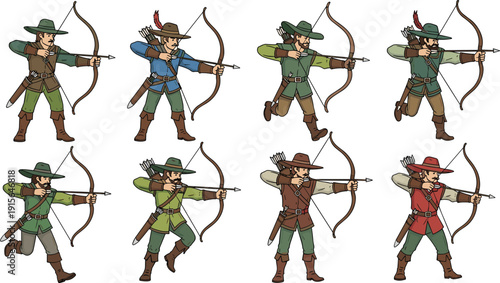 Set of medieval archer characters in traditional hunter clothing aiming longbows and arrows for fantasy gaming historical reenactment folklore and forest adventure branding design