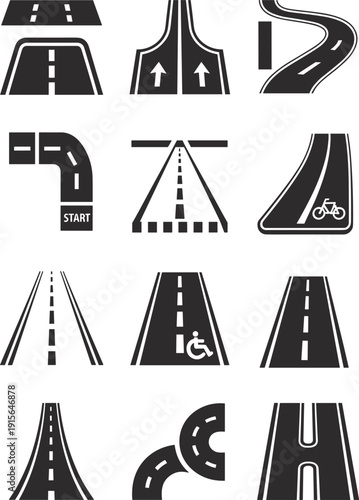Road and Traffic Signs Icons Set, Highway, Curves, Lane Dividers, Bicycle, Handicap Parking, Road Start, Intersection, and Directional Symbols for Design Use