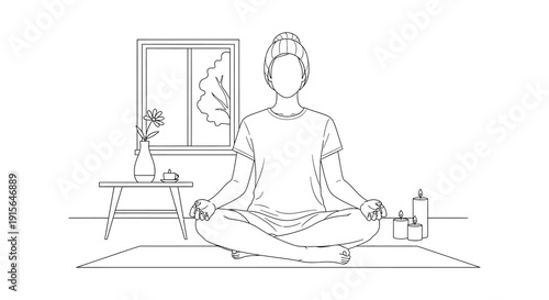 A black and white line drawing depicts a woman meditating in a lotus position near a window with a potted plant and candles