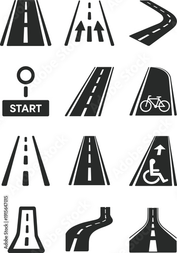 Road signs vector set, navigation elements, dashed center line, two lanes arrows, bicycle lane, accessibility symbol, road narrows, winding road, widens, start sign
