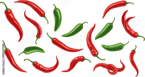 Red green chili peppers realistic glossy texture, spicy hot vegetable food icons, cooking ingredient artwork, detailed vector illustration design collection