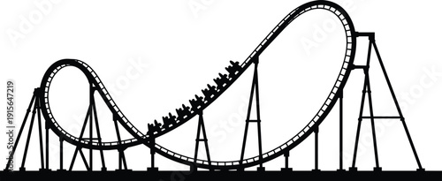 Roller coaster ride silhouette, thrilling amusement park attraction, adrenaline rush roller coaster, looping thrill ride, theme park fun, outdoor entertainment