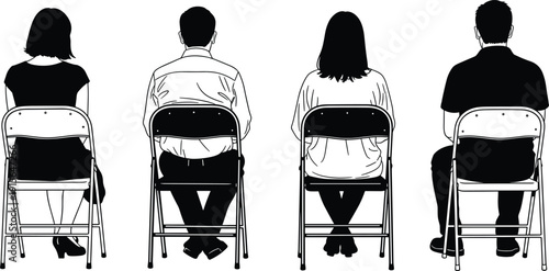 Back view of four people sitting on folding chairs showing male and female silhouettes in an audience or waiting setting.