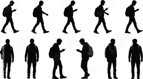 Set of young male student silhouettes with a backpack walking and using a smartphone isolated on a clear white background.