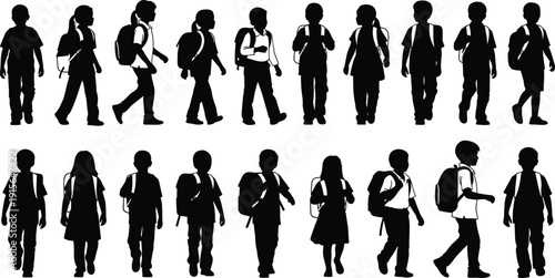 Collection of diverse school children silhouettes carrying backpacks walking and standing isolated on a clean white background for educational concepts.