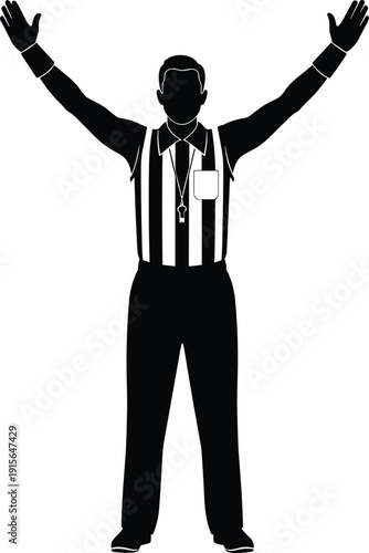 Referee celebrates a significant call or decision in a sports match with arms raised isolated on transparent background, Vector