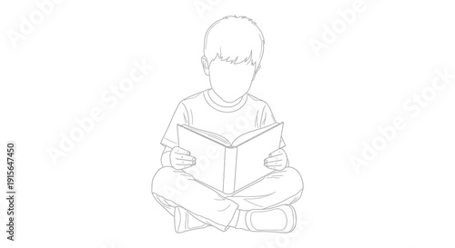 A simple line drawing depicts a young boy seated cross legged engrossed in reading an open book with focused attention and quiet concentration