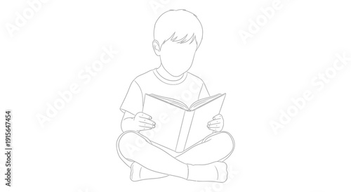 A simple black and white line drawing depicts a young boy sitting cross legged and attentively reading an open book with focused concentration