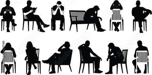 Collection of diverse people silhouettes sitting on chairs in various relaxed, thinking, and reading poses isolated on white background.