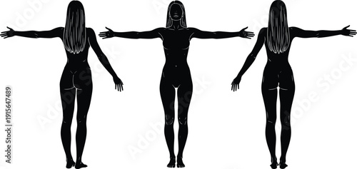 Detailed black silhouettes of female figure standing with outstretched arms showing front and back anatomical views isolated on white.