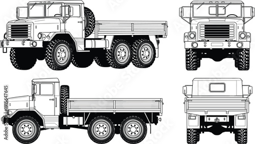 Detailed black and white vector blueprint illustration of a heavy duty military cargo truck from multiple viewing angles for industrial transportation design.