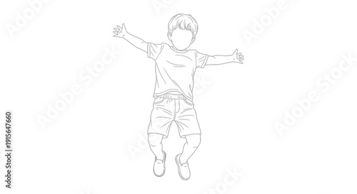 A black and white line drawing depicts a young boy joyfully jumping with arms outstretched wearing shorts and a t shirt in a playful