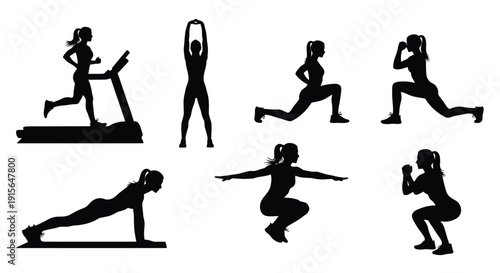 Various fitness exercises depicted in black silhouettes