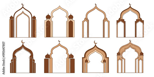 Set of Islamic mosque arch frames with minaret details, elegant mihrab doorway vector collection for Ramadan Eid invitations, banners, posters and decor designs