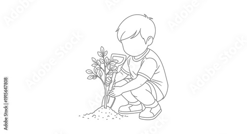 A black and white line drawing depicts a young boy kneeling and tending to a small plant with a trowel in a garden