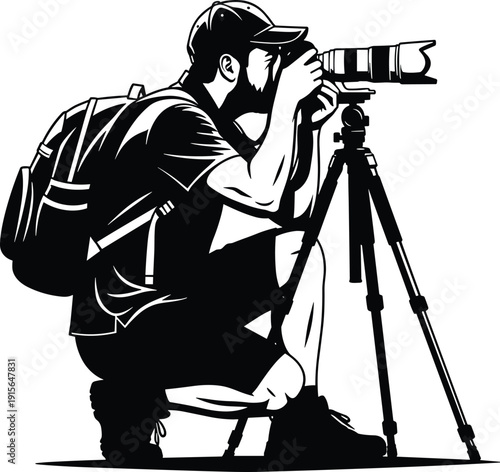 A photographer carefully adjusting his camera on a tripod in the field isolated on transparent background, Vector