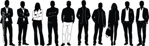 Black silhouettes of diverse professional business people standing together in a row isolated on a clean white background.