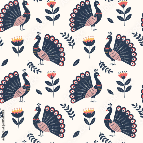 Cute peacocks pattern. Traditional folk birds seamless pattern. Textured hand drawn birds and flowers background.
