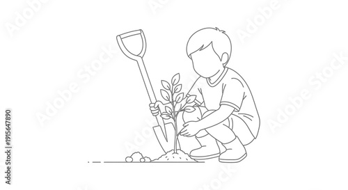 A black and white line drawing depicts a young boy kneeling and planting a small tree seedling with a shovel in a garden