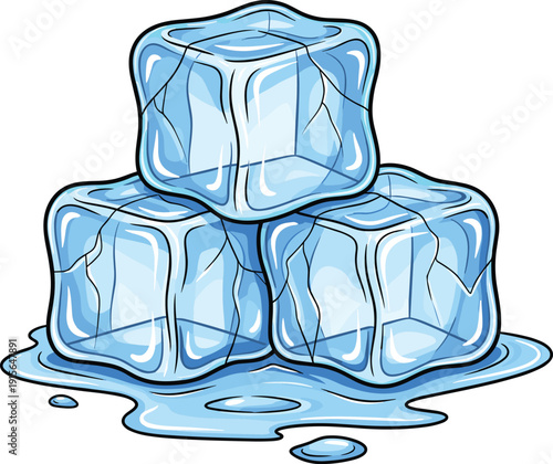 Stack of three ice cubes melting with water droplets around them isolated on transparent background, Vector