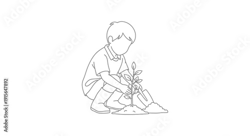 A black and white line drawing depicts a young boy kneeling and carefully planting a small leafy plant in a small patch of
