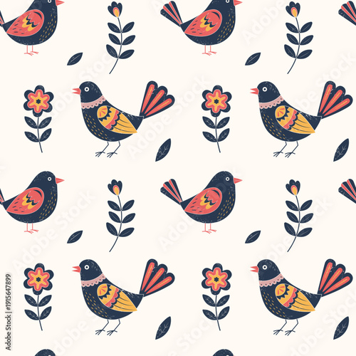 Traditional folk birds seamless pattern. Textured hand drawn birds and flowers background.
