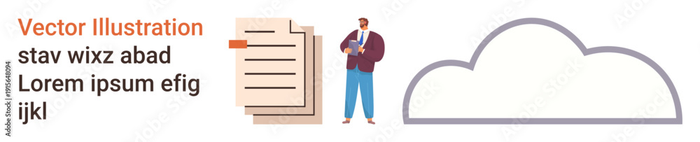 Obraz premium Data storage, cloud computing, document organization, business management, file sharing, digital services. Person standing next to papers and a cloud icon. Data storage and cloud computing