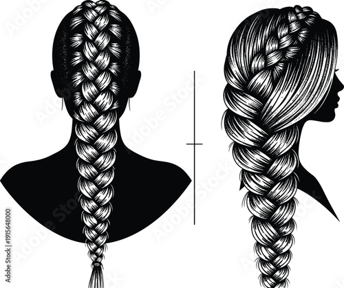 Detailed black and white vector line art illustration of a woman with a beautiful long french braid hairstyle.