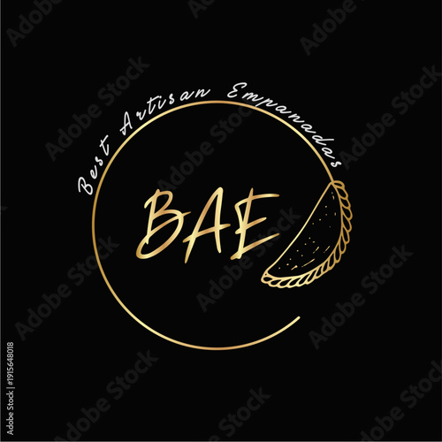 Elegant Golden Artisan Empanada Logo with BAE Acronym and Circular Frame on Black Background for Premium Latin American Food Branding