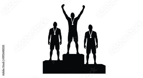 Three athletes celebrating on a podium a striking silhouette