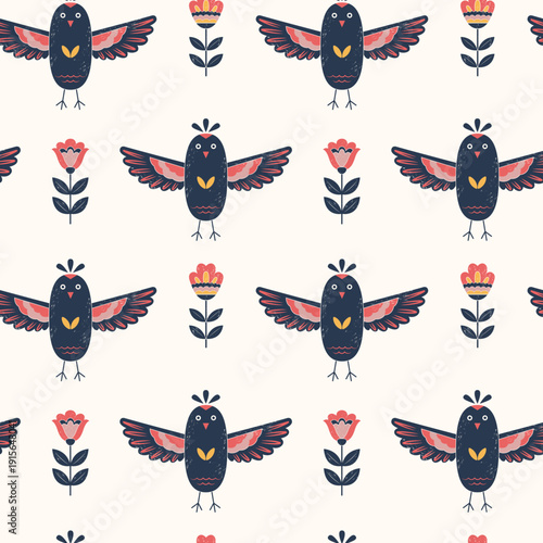 Cute birds pattern. Traditional folk birds seamless pattern. Textured hand drawn birds and flowers background.