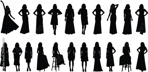 Elegant black silhouettes of beautiful women standing and posing in long evening dresses isolated on white background.
