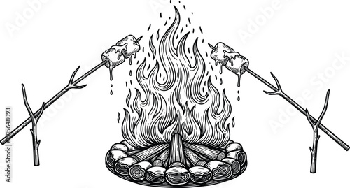 Campfire with Roasting Marshmallows on Sticks, Black and White Hand Drawn Illustration Representing Camping, Bonfire, and Outdoor Adventure