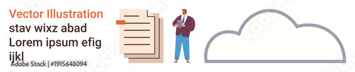 Data storage, cloud computing, document organization, business management, file sharing, digital services. Person standing next to papers and a cloud icon. Data storage and cloud computing