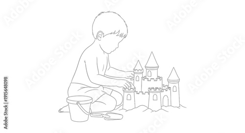 A black and white line drawing depicts a young boy building a sandcastle on a beach with buckets and various castle structures