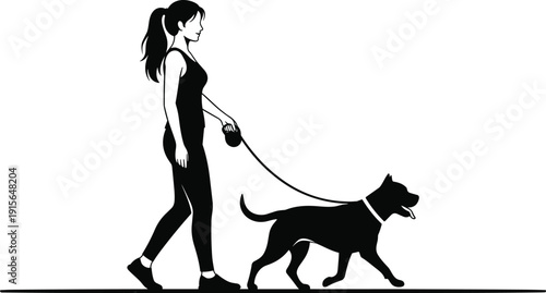 Silhouette of Woman Walking Dog on Leash, Minimalist Black and White Illustration Representing Pet Care, Daily Walk, and Healthy Lifestyle