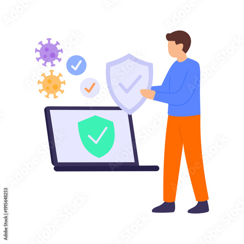 Antivirus Solutions, protecting systems from malicious software, Flat vector character illustration