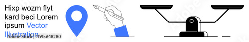 Navigation, justice, communication, legal concepts, data sharing, writing. Location pin, hand with pen and balance scale icons. Navigation and justice with symbols for versatile use
