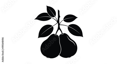 Black silhouette of pears with leaves on a white background