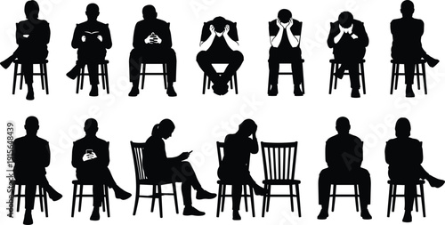 Big collection of black silhouettes showing various people sitting on chairs in different casual and formal business poses.