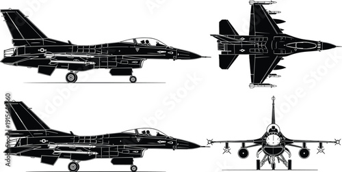Detailed black and white vector silhouette blueprints showing side top and front views of a modern military fighter jet.