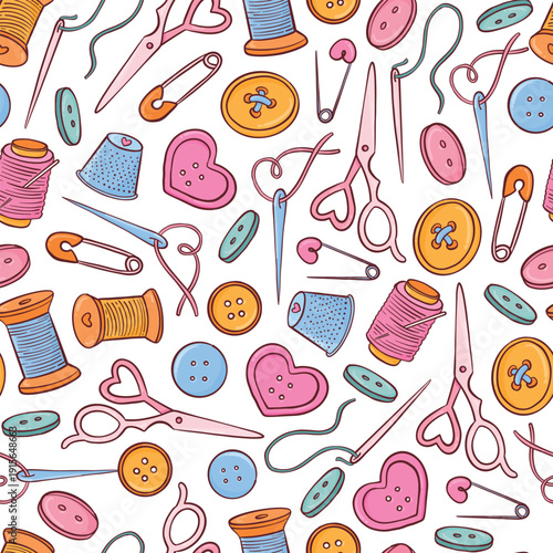 Sewing and embroidery seamless pattern with doodles of tools, threads, buttons, needles for textile prints, craft themes, wallpapers, digital paper, backgrounds and hobby designs. EPS 10