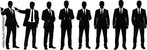 Collection of professional corporate businessmen silhouettes standing in various confident poses isolated on a clean white background.
