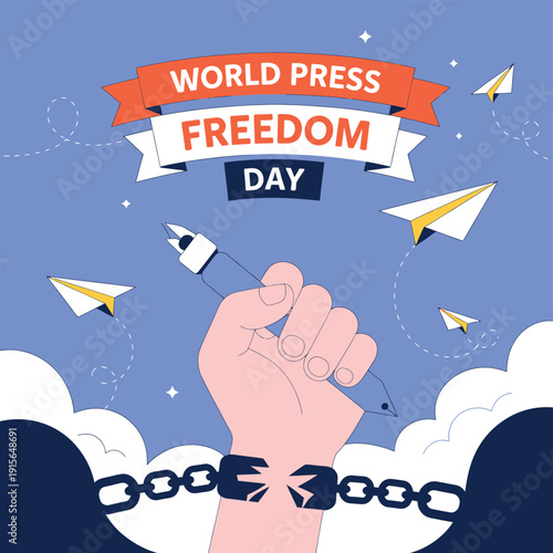 Raised fist breaking chains with paper planes flying Press Freedom Day