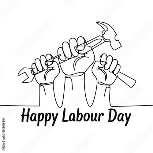 Three fists holding tools with Happy Labour Day text 1