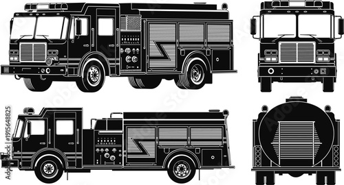 Collection of detailed black fire truck silhouettes featuring side front and back views isolated on a clean white background.