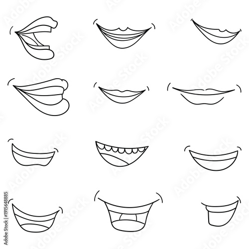 Hand-drawn doodle set of smiles on a white background.